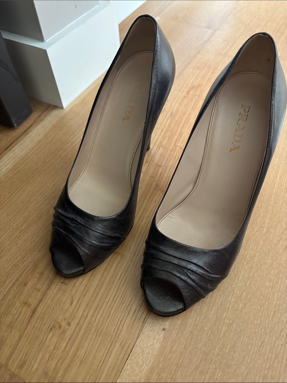 Prada Black Leather Peep-Toe Pumps with Ruched Front